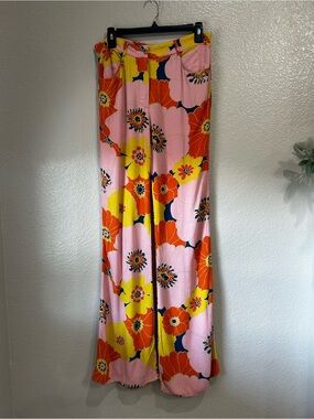 Zara Pink Orange Yellow Floral Wide-Leg Pants